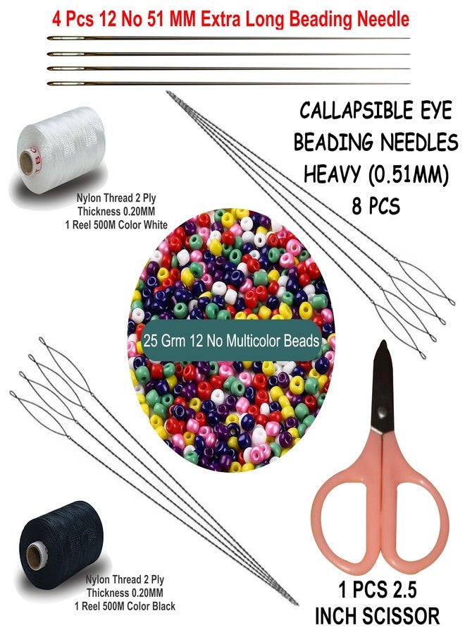 Domick 8 Pcs Stainless Steel Collapsible Eye Beading Needles 0.51MM, 12 No 51MM 4 Pcs Extra Long Beading Needle, 2.25 Inch Scissor 1 Pcs, 12 No Multicolor Beads 25 Grm, 2 Ply Nylon Thread 1000 Meter Black & White for Beading Jewellery and Craft Making, - Image 2